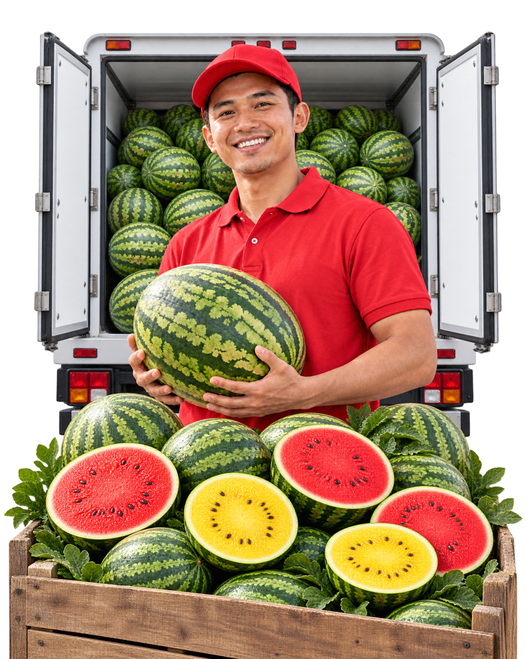 Abang Tembikai berdiri di depan lori penuh buah tembikai borong sedia dihantar