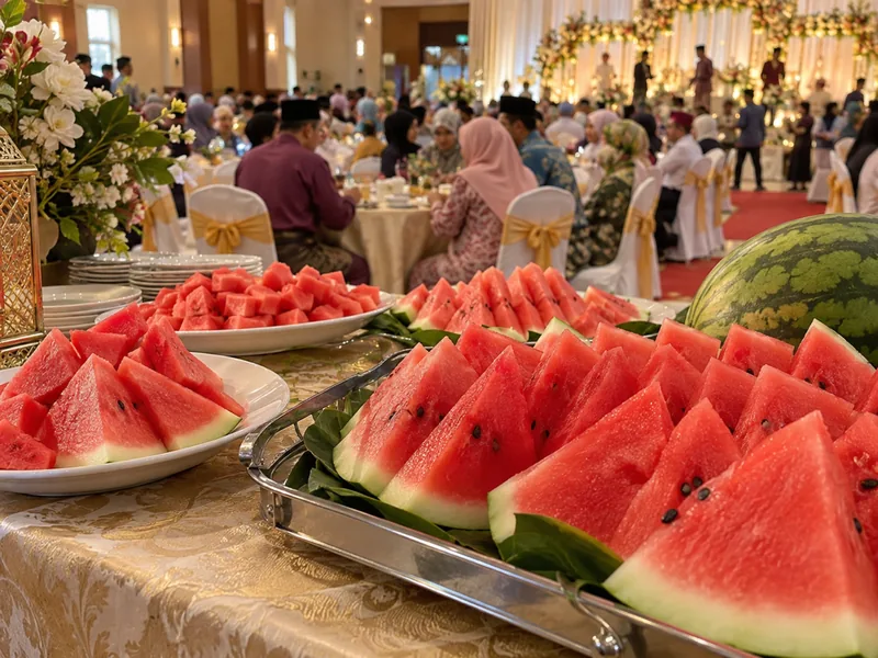 Hidangan tembikai potong untuk kenduri di dewan majlis