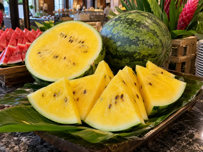 Tembikai kuning dipotong menampakkan isi kuning keemasan untuk buffet hotel