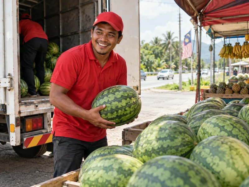 Tembikai dipunggah dari lori ke gerai buah tepi jalan