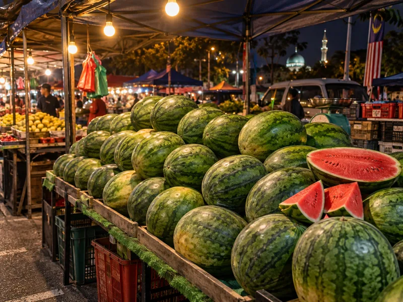 Gerai buah pasar malam dengan longgokan tembikai segar